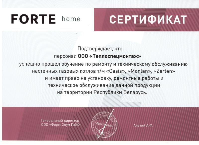 Сертификат от FORTE